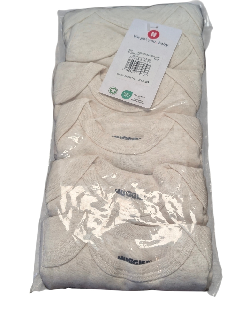 Huggies 6 Pack Organic Cotton Onesies Bodysuits Size 12 Months in Oatmeal